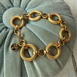 Vintage Gold Tone Romanza Italy Chunky Ring Circle Textured Link Bracelet 8.25"